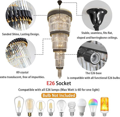 Large 7-Tier Black and Gold Chandelier 94.5" H x 32" W Modern Luxury Long Crystal Chandelier Lighting Fixture for High Ceiling Staircase Foyer Entryway Living Room Villa Hall