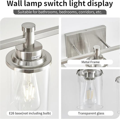 Brushed Nickel 3-Light Vanity Lights with Clear Glass Shade, Modern Bathroom Vanity Light Over Mirror, Kitchen Bedroom Hallway Cabinet Wall Lamp