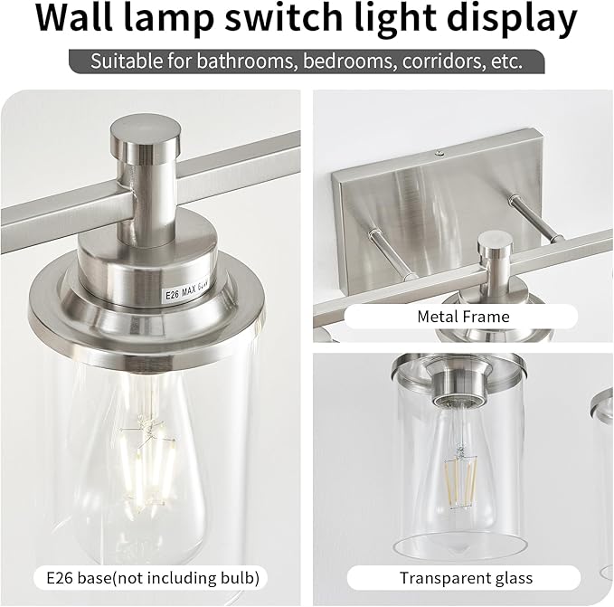 5 Lights Bathroom Light Fixtures, Brushed Nickel Vanity Light with Clear Glass Shade,Modern Wall Sconce for Mirror Bedroom Hallway Farmhouse Kitchen