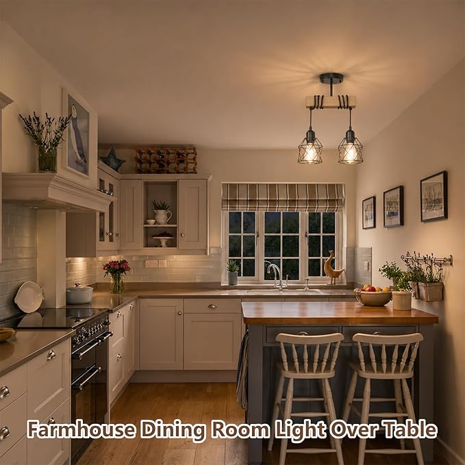 2 Light Farmhouse Ceiling Light,Pendant Light Kitchen Island,Dining Room Chandelier Light Fixture Over Table,Rustic Hanging Light for Kithen,Dining Room,Real Wood,Black Metal Cage