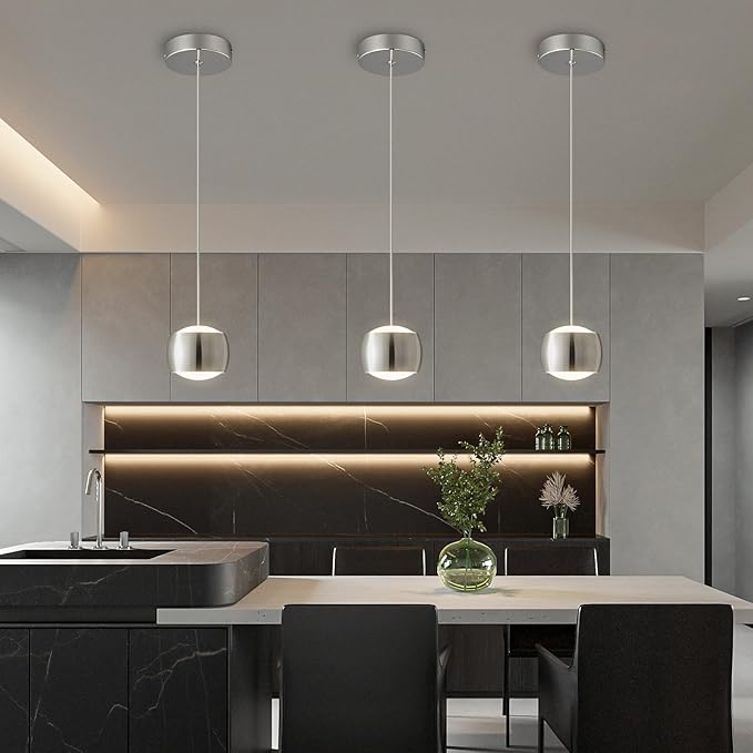 Modern LED Dimmable Pendant Light fixtures,Mini Island Pendant Lighting for Kitchen Island Dinning Room,Bedroom,Bar, Kitchen Island Ceiling Hanging Light Fixtures(Chrome-2-Pack)