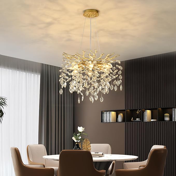 EGM Gold Tree Branch Crystal Chandelier 18-Inch, Crystal Chandelier for Dining Room 6-Light, Hanging Round Raindrop Chandeliers for Living Room E12