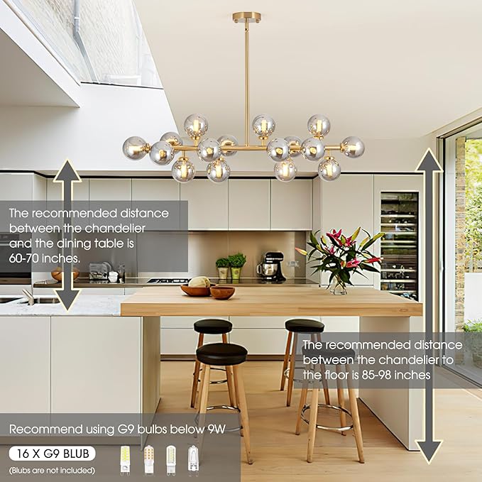 Modern Gold Linear Chandelier Rectanglar Modern Grey Globe Pendant Light Sputnik Chandeliers Hanging Light Fixture 16-Light