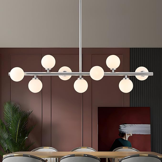 Mid Century Modern Glass Globe Sputnik Chandelier, 9-Light Linear Chandeliers for Dining Room, Kitchen Island, Living, Dining Light Fixture Over Table, Chrome and Milk White Bubble, 40 Inch