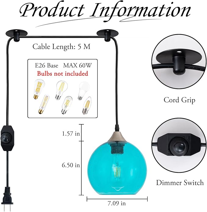 Blue Teardrop Glass Pendant Light Raindrop Bubble Shade Plug in Dimmable Hanging Fixture 16.4 Ft Cord E26 Base for Bedroom Office Coastal Spa Like Atmosphere （Bulb not Included）