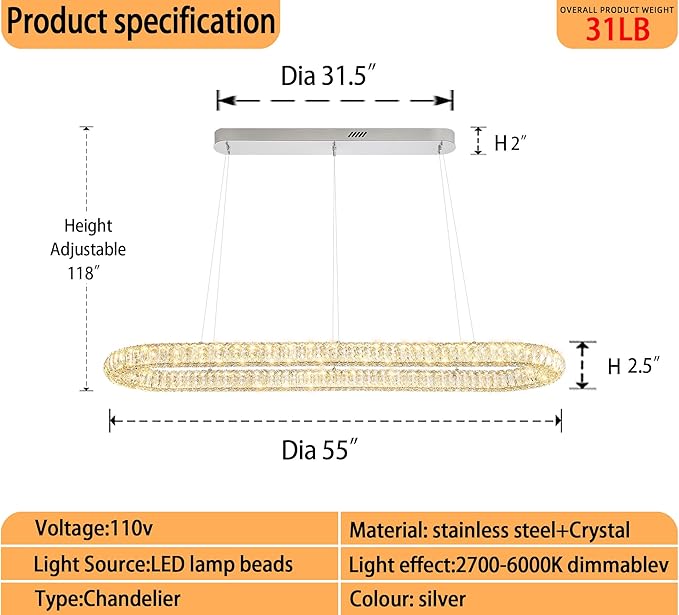 Large Led Ring Chandelier for Living Room 55in Oval Crystal Ring Pendant Light for Kitchen Island Modern Linear Oval Chandeliers Over Table Dimmable 3000K-6000K