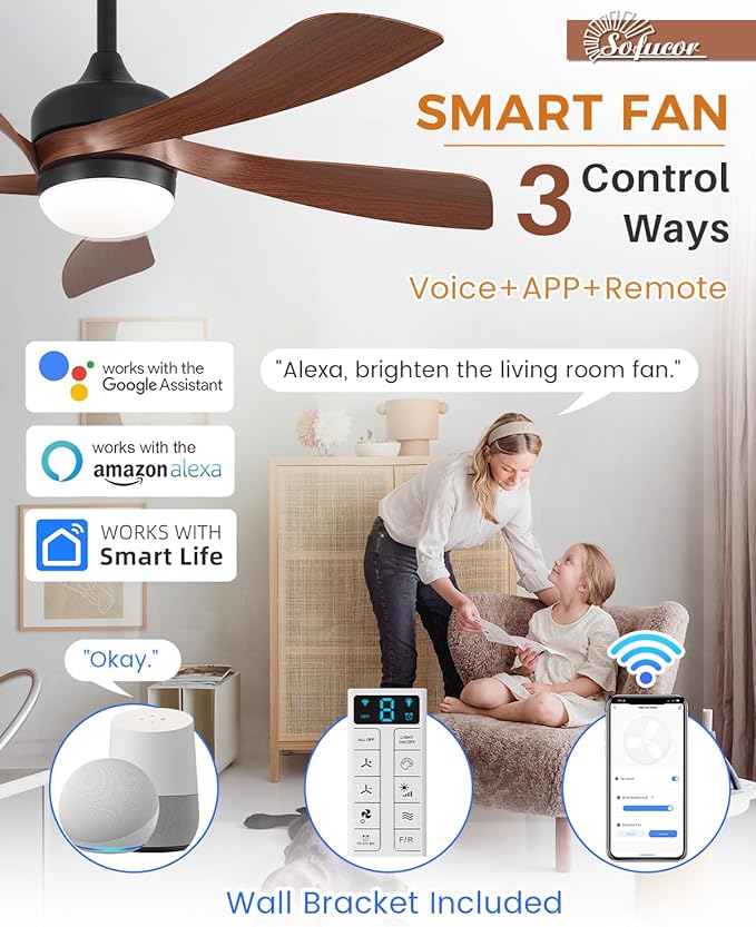 Sofucor 45" Smart Ceiling Fan, Indoor/Outdoor Ceiling Fans with Lights and Remote, Compatible with Alexa/Google/App, 3-Color Light 6-Speed Timing Reversible DC Motor for Bedroom Living Room Patio