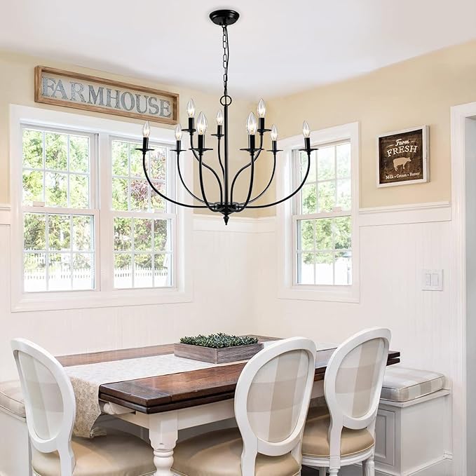 Black Chandelier, 9 Light Industrial Iron Farmhouse Chandeliers, 2-Tier Candle French Country Chandelier for Living Room Dining Room Bedroom Foyer