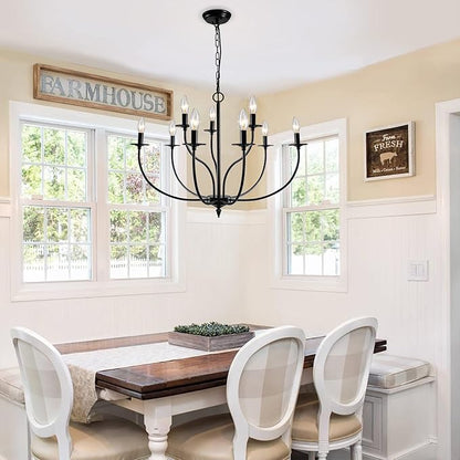 Black Chandelier, 9 Light Industrial Iron Farmhouse Chandeliers, 2-Tier Candle French Country Chandelier for Living Room Dining Room Bedroom Foyer