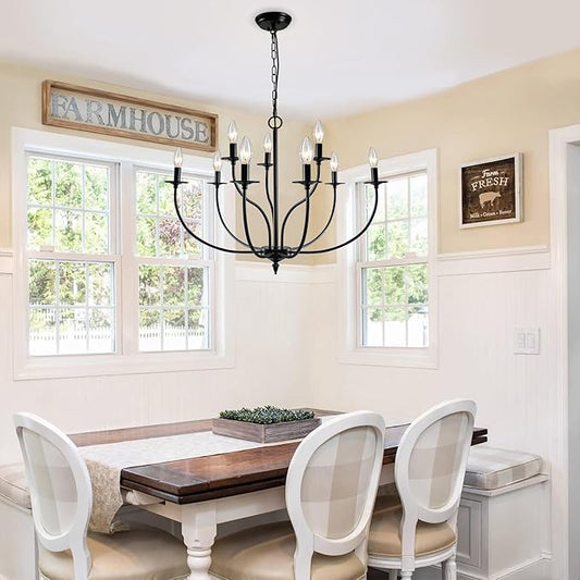 Black Chandelier, 9 Light Industrial Iron Farmhouse Chandeliers, 2-Tier Candle French Country Chandelier for Living Room Dining Room Bedroom Foyer