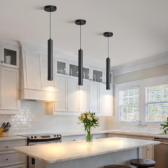 OKELI Black LED Mini Pendant Light, Dimmable Hanging Pendant with Adjustable Beam Angle, 3CCT 2700K–6000K Modern Pendant Light for Kitchen Island, Bar Counter or Bedroom, 7W 14.96", 3 Pack