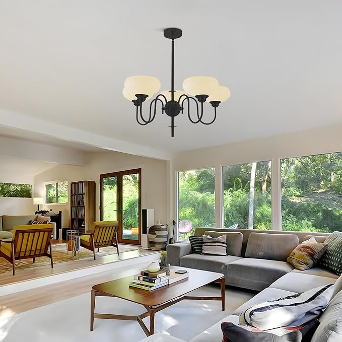 BOKT Black Chandelier for Bedroom, Modern Milk White Bowl Chandelier for Living Room, Adjustable 5 Light Farmhouse Chandeliers with Extension Rods