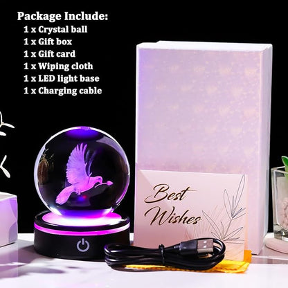 YWHL 3D Peace Dove Figurine Crystal Ball with Colorful Light Base, Dove Gifts for Women Men Best Friend on Christmas Birthday, Laser Engraved Glass Pigeon Statue Sphere for Home Decor(80mm)