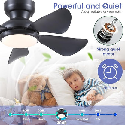 Kviflon 32 Inch Modern Ceiling Fans with Lights, Small Flush Mount Ceiling Fan with Light and Remote/APP Control, 5 Reversible 6 Speeds Curved Blades, 3 CCT Dimmable Lights for Bedroom, Black