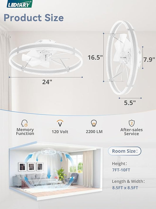 LEDIARY Ceiling Fans with Lights and Remote, 24'' Low Profile Ceiling Fan with Light, 3000-6000K Dimmable Fandelier Ceiling Fans, Modern Flush Mount Fan Light for Bedroom with 6 Wind Speeds- White