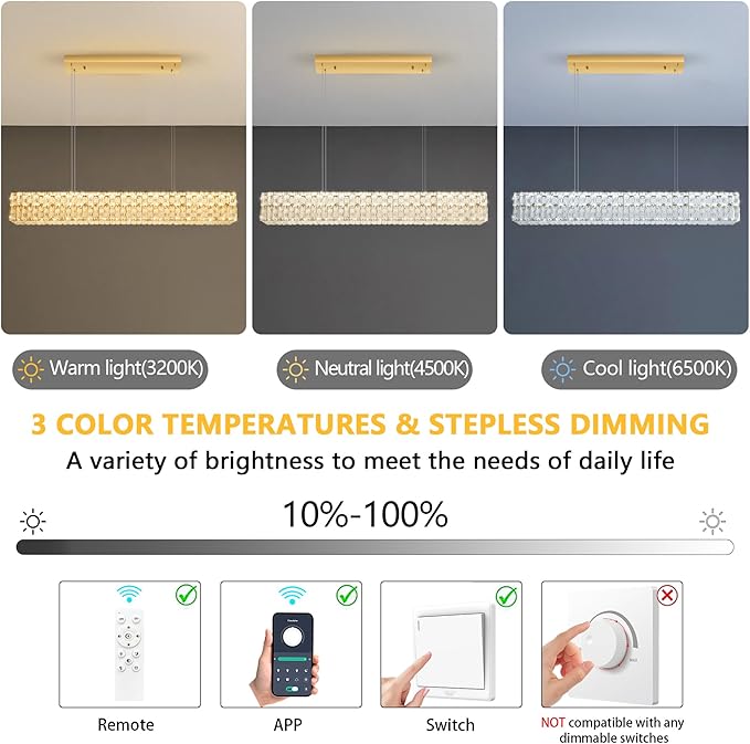 47 Inch Rectangular Crystal Chandelier Glam Dimmable LED Chandeliers for Dining Room Linear Pendant Light with Remote Control for Kitchen Island Gold