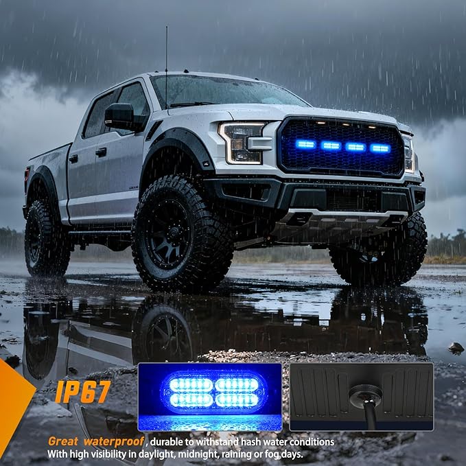 Nilight 4PCS 24LED Emergency Strobe lights 12V 24V Blue Surface Mount Grille Hazard Safety Warning Light Sync Feature Side Flashing Marker Flash for Car Truck Campers