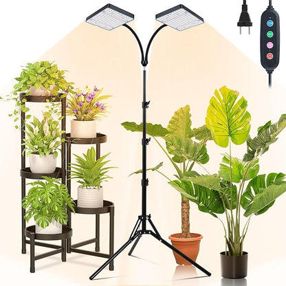 2Head Grow Light with Stand, 50 Watt Grow Lights for Indoor Plants, Natural Sunlight Full Spectrum Plant Growing Lamps for Tall Houseplants & Bonsai Tree, 4/8/12/16/20H 5-Mode Timer