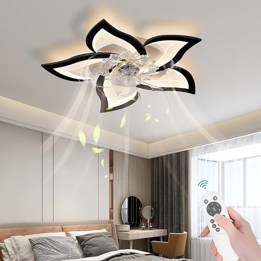 Bevenus Low Profile Ceiling Fans with Lights,27.2” Black Modern Dimmable Flower Shape Ceiling Light Fan with Remote Control/app Control,Timing 6 Gear Speeds Fan Ceiling Lamp.