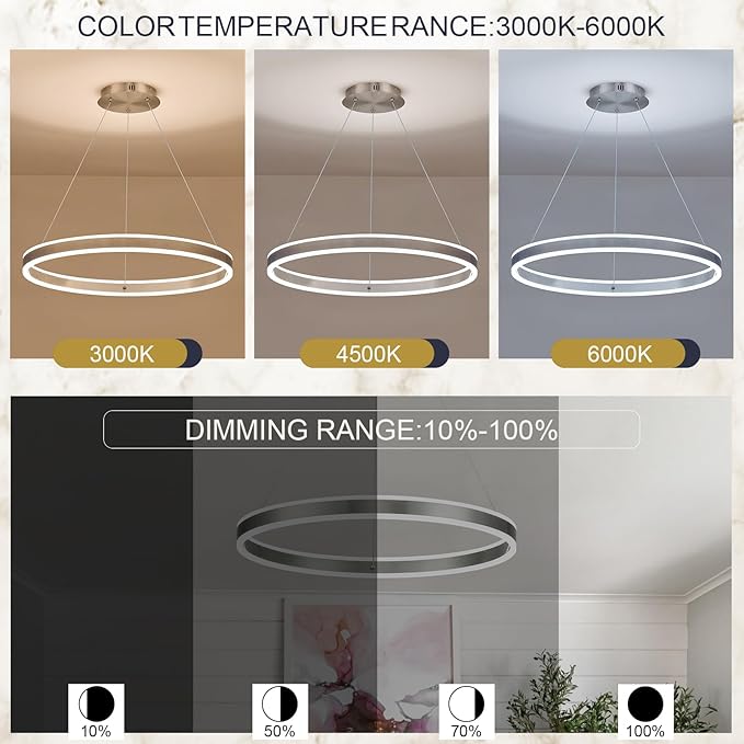 Nickel 23.6" LED Ring Chandeliers Ceiling Light with Remote Control Circular LED Pendant Lighting for Dining Room Living Room Office 40W Upward and Downward Lighting