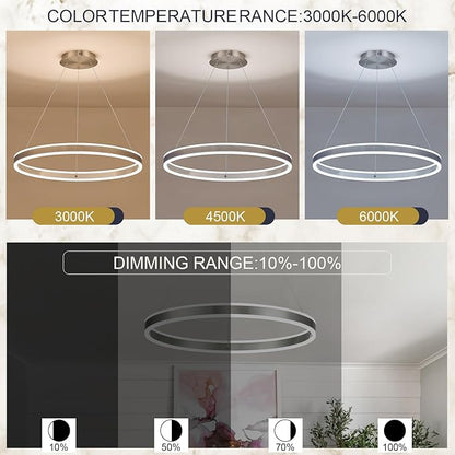 Nickel 23.6" LED Ring Chandeliers Ceiling Light with Remote Control Circular LED Pendant Lighting for Dining Room Living Room Office 40W Upward and Downward Lighting