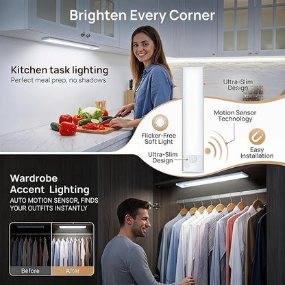 Under Cabinet Rechargeable Lighting: 8 Inch Motion Sensor Dimmable Lights Indoor - Battery Operated Lights - Wireless Closet Light Magnetic Led Light for Kitchen Home Bathroom Counter 5 Pack