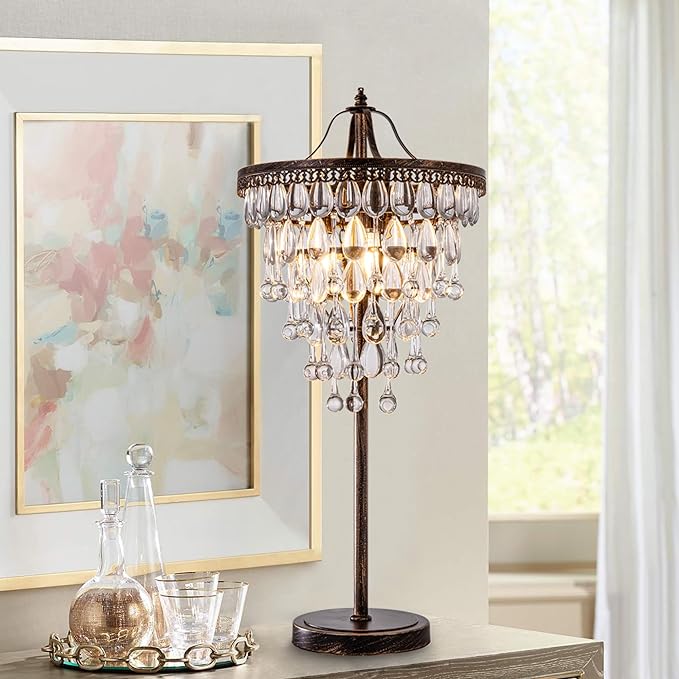 TOCHIC 3 Lights Crystal Table Lamp for Living Room, Bedside Table Lamp for Bedroom Dimmable Control, 28" Tall Bronze Antique Modern Desk Nightstand Lamp for Entryway, Staircase, Home Office