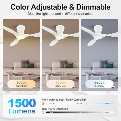 ocioc 42 inch Ceiling Fans with Lights and Remote, Dimmable Ceiling Fans with Reversible Quiet DC Motor, Flush Mount, 3CCT, White Ceiling Fan for Bedroom Living Room Indoor/Outdoor