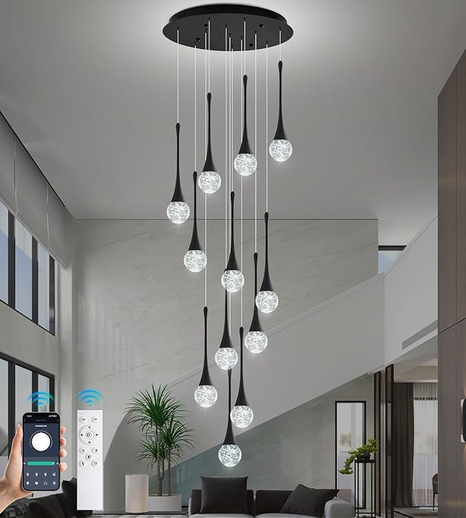 Modern Crystal Staircase Chandelier for High Ceilings, Glam LED Dimmable Pendant Light Living Room Entryway Foyer Chandelier Lighting Fixture Black 12-Lights