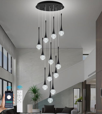 Modern Crystal Staircase Chandelier for High Ceilings, Glam LED Dimmable Pendant Light Living Room Entryway Foyer Chandelier Lighting Fixture Black 12-Lights