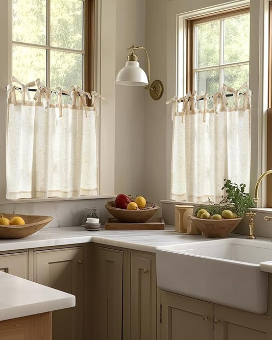jinchan Tie Top Linen Kitchen Curtains Over Sink 24 Inch Length Tier Curtains Farmhouse Rustic Small Cafe Curtain for Bedroom Living Room Bathroom Half Window Light Filtering Privacy 2 Panels Crude