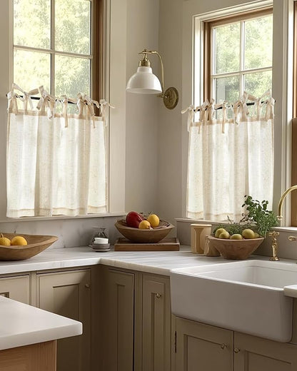 jinchan Tie Top Linen Kitchen Curtains Over Sink 45 Inch Length Tier Curtains Farmhouse Rustic Small Cafe Curtain for Bedroom Living Room Bathroom Half Window Light Filtering Privacy 2 Panels Crude