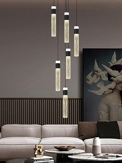 6-Lights Modern Crystal Column Chandelier for Living Room Foyer Long Crytsal Chandeliers Pendant Lighting Flush Mount Hanging Light Fixture for Living Room Foyer Entryway