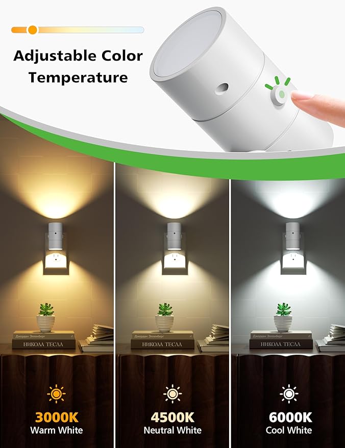 JOFIOS Night Lights Plug Into Wall,Dimmable LED Nightlight with Dusk to Dawn Sensor,0-100LM Adjustable Brightness,3 Color Temperatures,Night Light for Hallway Bathroom Stair Bedroom,White,4 Pack