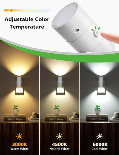 JOFIOS Night Lights Plug Into Wall,Dimmable LED Nightlight with Dusk to Dawn Light Sensor,0-100LM Adjustable Brightness,3 Color Temperatures,Night Light for Hallway Bathroom Stair Bedroom,White,2 Pack