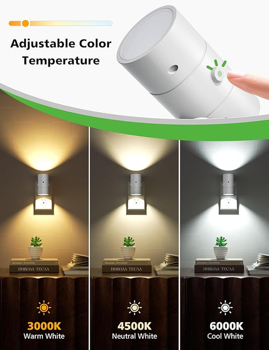 JOFIOS Night Lights Plug Into Wall,Dimmable LED Nightlight with Dusk to Dawn Light Sensor,0-100LM Adjustable Brightness,3 Color Temperatures,Night Light for Hallway Bathroom Stair Bedroom,White,2 Pack