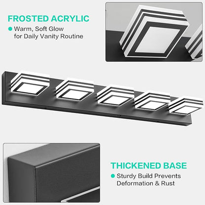 SOLFART LED Bathroom Lighting Fixtures - 5 Lights Modern Matte Black Acrylic Vanity Lights for Mirror 32inch 24W 5CCT
