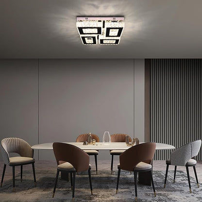 13.1'' Square Modern Chandelier Light with Remote Crystal Ceiling Light Stainless Steel LED Flush Mount Ceiling Light Fixtures for Bedroom Living Room Kitchen Dimmable
