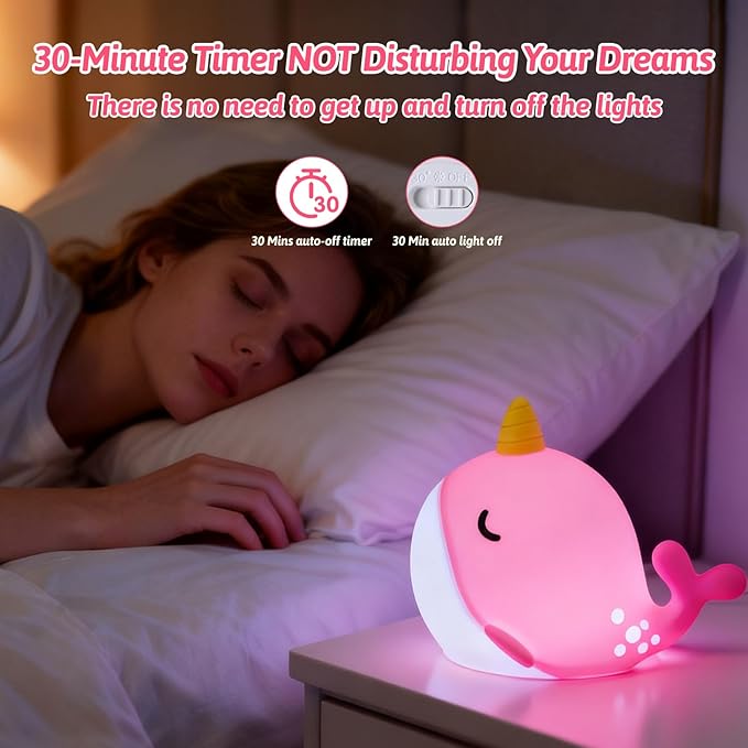 Narwhal Night Light for Kids, Portable Squishy Kawaii Lamp, USB Rechargeable Silicone LED Dimmable RGB Ocean Lamp with Timer, Birthday Cute Gifts for Boys Girls Bedroom/Nursery Decor