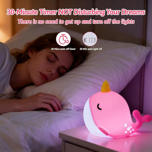 Narwhal Night Light for Kids, Portable Squishy Kawaii Lamp, USB Rechargeable Silicone LED Dimmable RGB Ocean Lamp with Timer, Birthday Cute Gifts for Boys Girls Bedroom/Nursery Decor