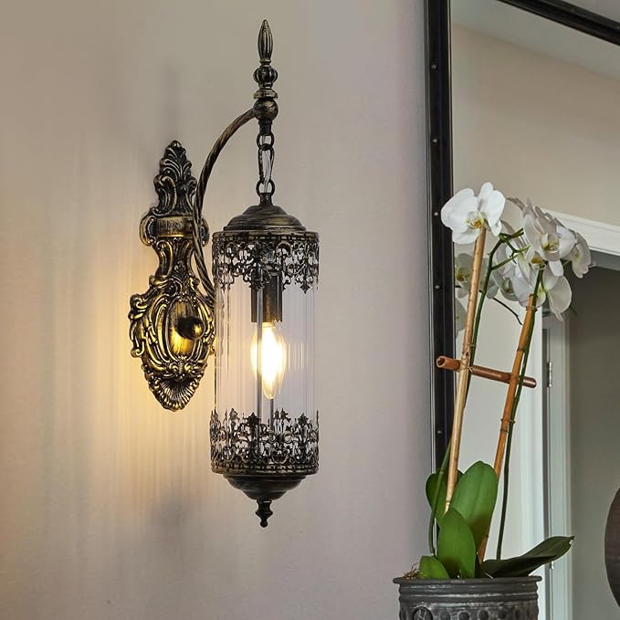 Vintage Wall Sconce with Glass Shade, Rustic Black Brushed Gold Farmhouse Wall Light Fixture, Antique Gothic Decorative Metal Wall Lamp for Hallway, Bedroom, Living Room, Entryway