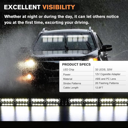 Nilight 32LED White Emergency Dash Strobe Lights with Controller Suction Cups Warning Hazard Interior Front/Rear Windshield Deck Split Light Bar for Trucks Construction Vehicles
