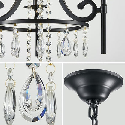 Small Crystal Chandelier, 3-Lights Modern Black Chandeliers for Dinning Room, Wagon Wheel Black Chandelier, Farmhouse Hanging Pendant Light Fixture for Bedroom Hallway Entryway Bar Kitchen Bathroom