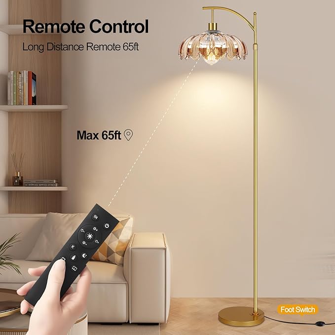 AHDWDW Gold Arc Floor Lamp for Living Room with Remote,Dimmable Modern Floor Lamps with Amber Glass Shade,Unique Vintage Flower Standing Tall Lamp,Mid Century Floor Lamps for Bedroom Office Corner