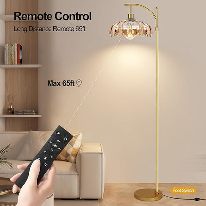 AHDWDW Gold Arc Floor Lamp for Living Room with Remote,Dimmable Modern Floor Lamps with Amber Glass Shade,Unique Vintage Flower Standing Tall Lamp,Mid Century Floor Lamps for Bedroom Office Corner