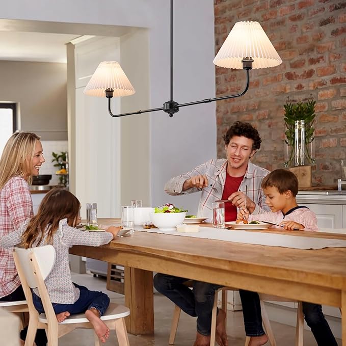 Modern Chandelier, 2-Light Linear Dining Room Light Fixture with White Fabric & ABS Shade Kitchen Island Lighting Fixture for Over Table, Living Room, Bedroom