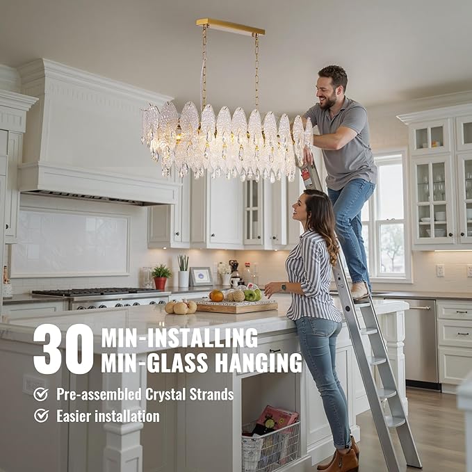 40-inch Gold Rectangle Chandelier for Dining Room,Modern Luxury Chandeliers,Linear Glass Pendant Hanging Lighting Fixture for Kitchen Island,L39.4'' × W13.8'' × H12.2''