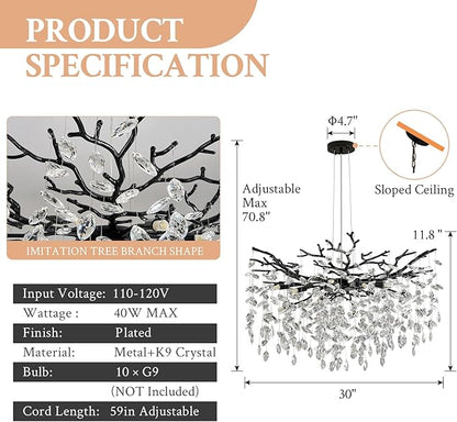 Benkut Black Tree Branch Crystal Chandelier 31.5" Modern Crystal Raindrop Chandeliers 10-Light Luxury Brach Chandelier for Dining Room Kitchen Bedroom Living Room