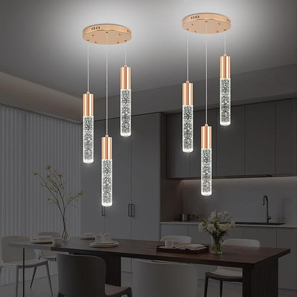 Modern Crystal Chandelier for Kitchen Island 3-Lights, Elegant Gold LED Bubble Pendant Lighting Fixture for Dining Room Bedroom Entryway