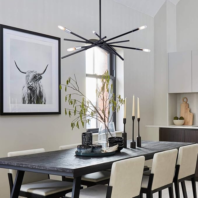 VILUXY Modern Sputnik Chandelier 6 Lights Black Linear Ceiling Pendant Light Fixture Mid Century Hanging Chandelier for Dining Room Living Room Foyer Staircase 31.5 inches